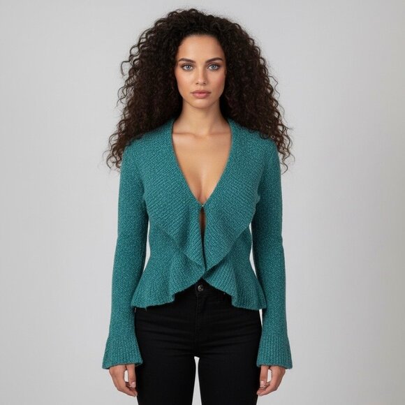Victoria’s Secret Sweaters - VTG Victoria’s Secret Teal V-Neck Ruffled Knit Cardigan S| Cottagecore Fairy Y2K